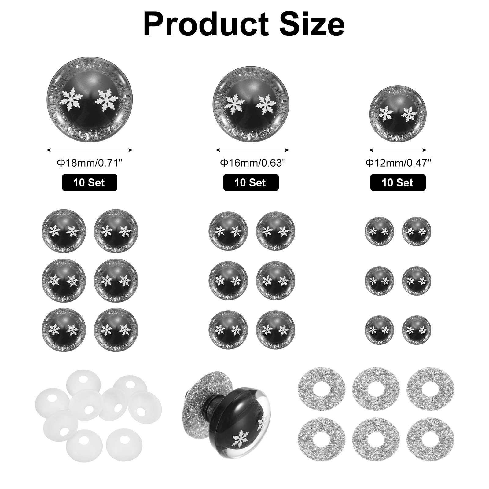 PATIKIL 12/16/18mm Snowflake Safety Eyes, 30Pcs Realistic Doll Crocheting Safety Eyes with Washers for Decor Crochet Accessories Dolls Craft Halloween, Silver