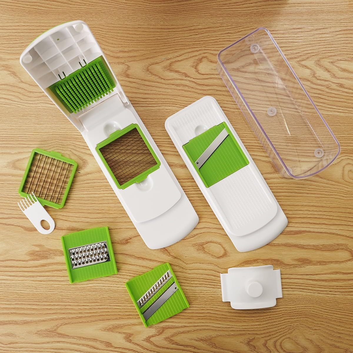 11 Pieces Multi-Function Nice Dicer And Mandoline, Stainless Steel, Green Glaze, 820g - Two Different Chopping Blades And 3 Interchangeable Blades For Slicing, Julienne, Grating, All Just In One