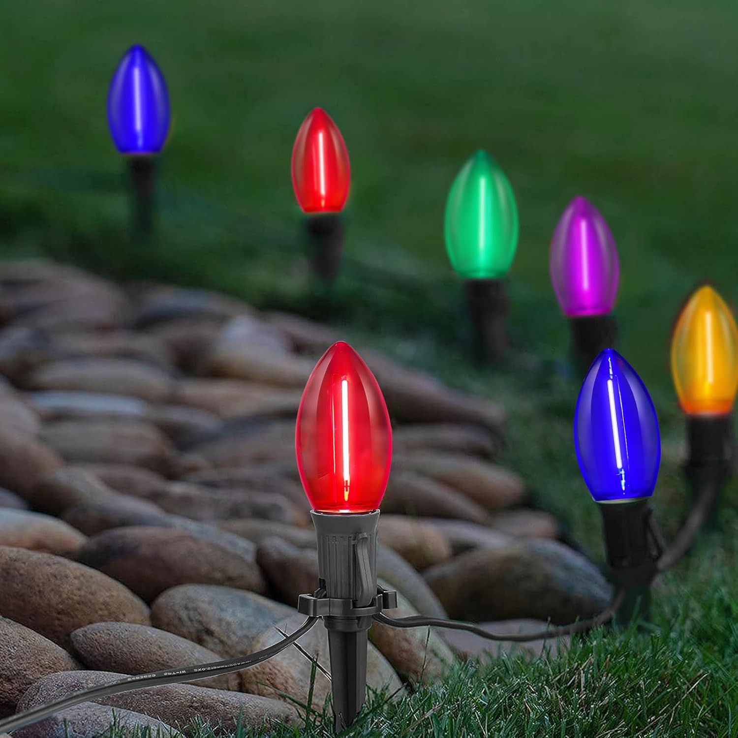 C9 LED Christmas Pathway Lights Outdoor 38Ft 25 LED C9 Multicolor Bulbs Christmas Pathway Stakes Lights, Connectable Outdoor Walkway Lights for Yard Patio Sidewalk Driveway Garden Lawn Decor