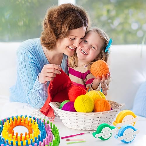 Miniatura 8 de LOVEINUSA Juego de 12 piezas de telar de tejer y hacer pompones, telares de punto redondos, para hacer pompones, agujas de ganchillo, kit de