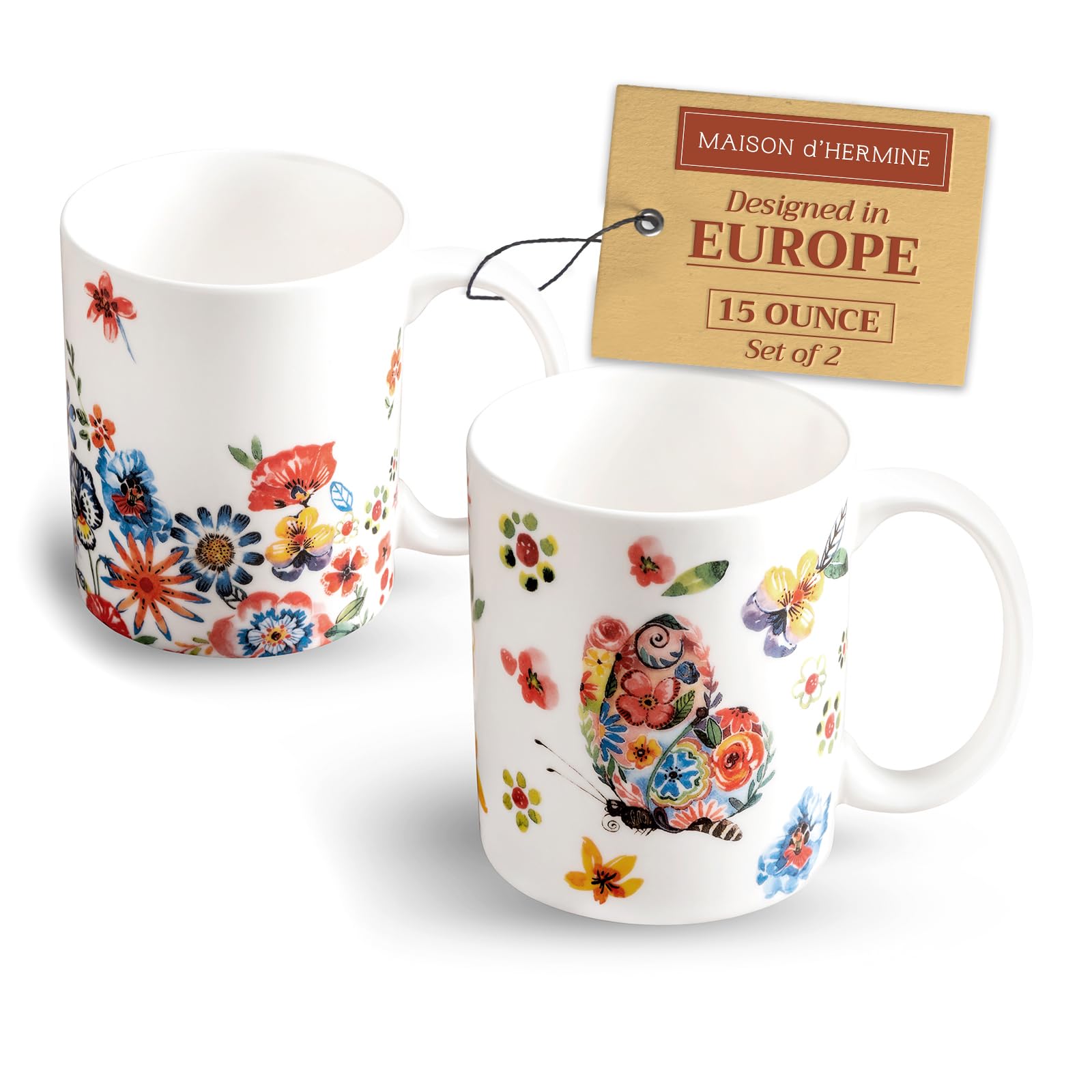 Maison d' Hermine Coffee Mug with Handles Fine Bone China Mugs Pack of Two Tea Cups for Hot Beverages Cappuccino Latte Home Restaurant Office Perfect for Gift (Happy Florals - High Summer, 15 Ounce)