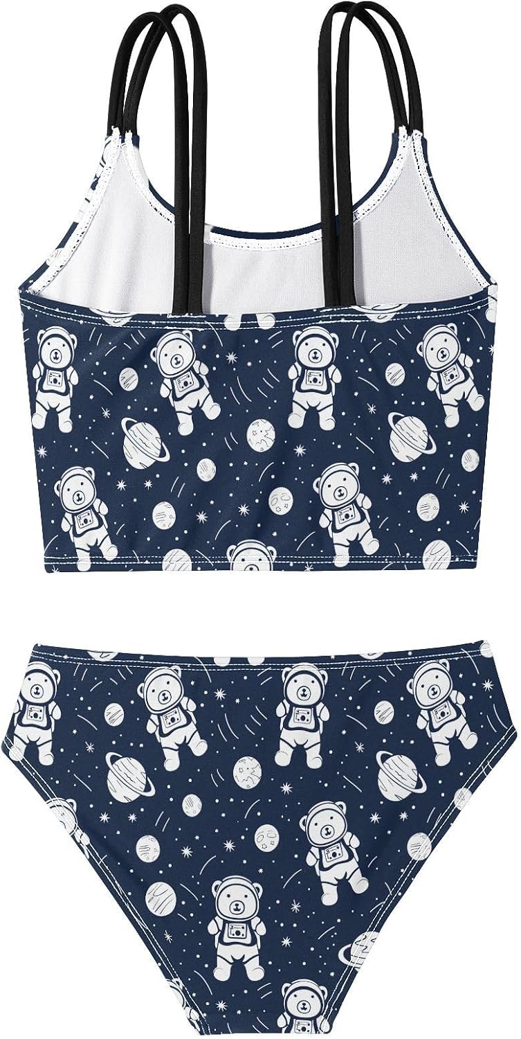 Girls Two Piece Swimsuits Navy Space Bear Astronaut Bikini Set Swimwear Kids Bathing Suit for Girls 5-12 Years