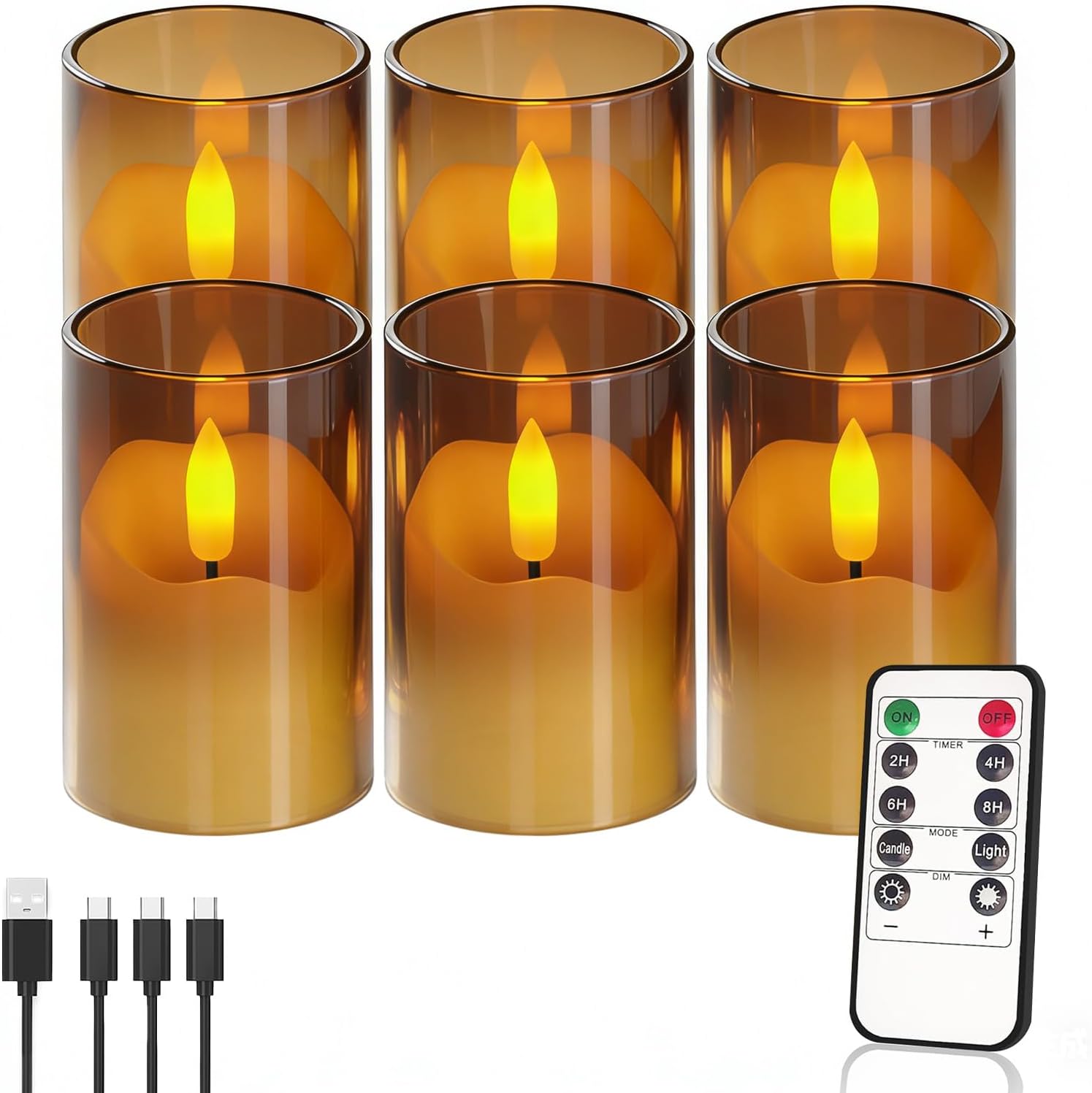 Rechargeable Operated Acrylic LED Tealight with Remote Control and Timer,Amber Flickering Flameless Candles for Home Decor, Valentines, Holidays (Set of 6