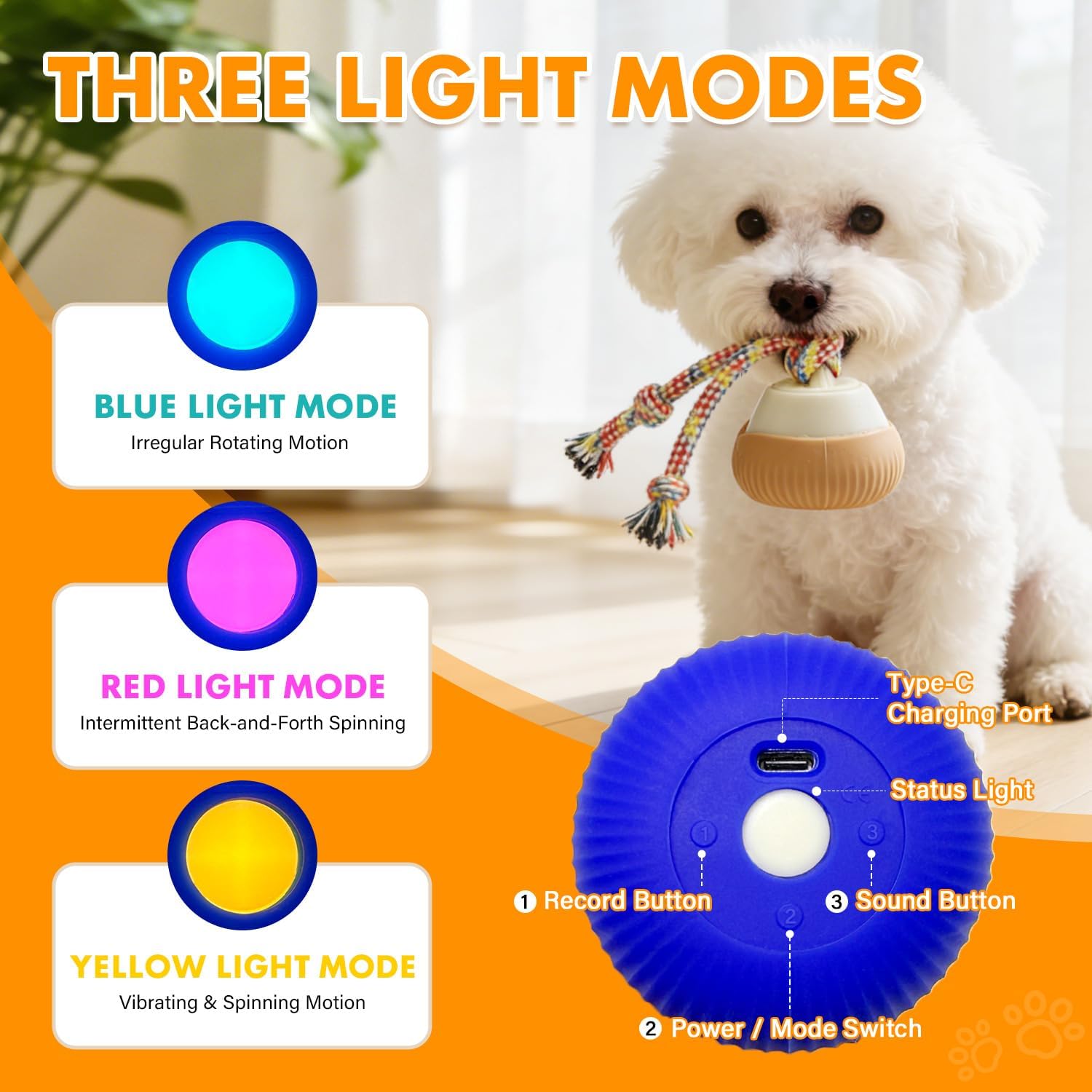 Interactive Cat Toy, 360° Rotating Automatic Moving cat Toys, Voice Recordable Auto Rolling Pet Toy with LED Sound & Music, Rechargeable Interactive Cat Toys for Indoor Cats & Small Dogs (Blue)