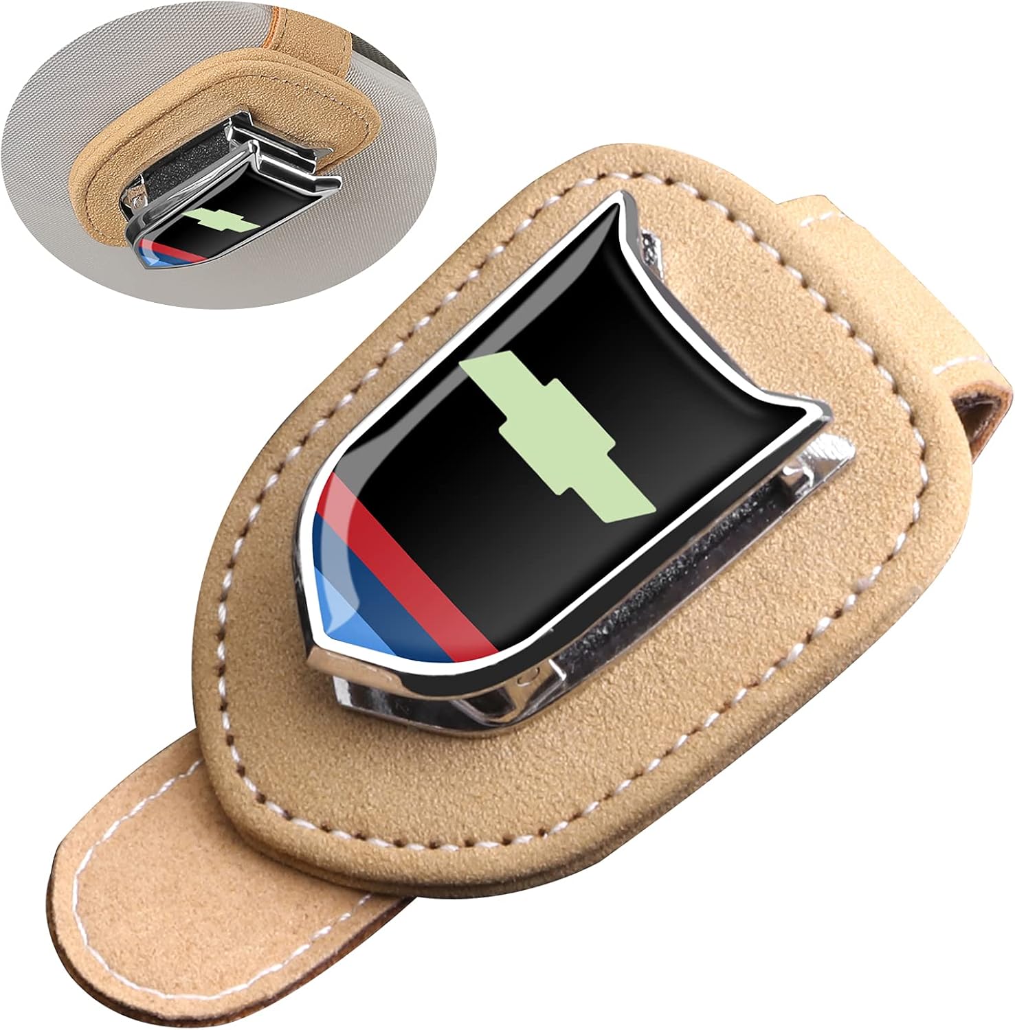 交換無料 Yamlten 車のサンバイザーメガネクリップ 蛍光サイン シボレーに適しレザー車載メガネクリップ スエード素材カード収納クリップ 取り付け簡単 カーキ サングラス収納