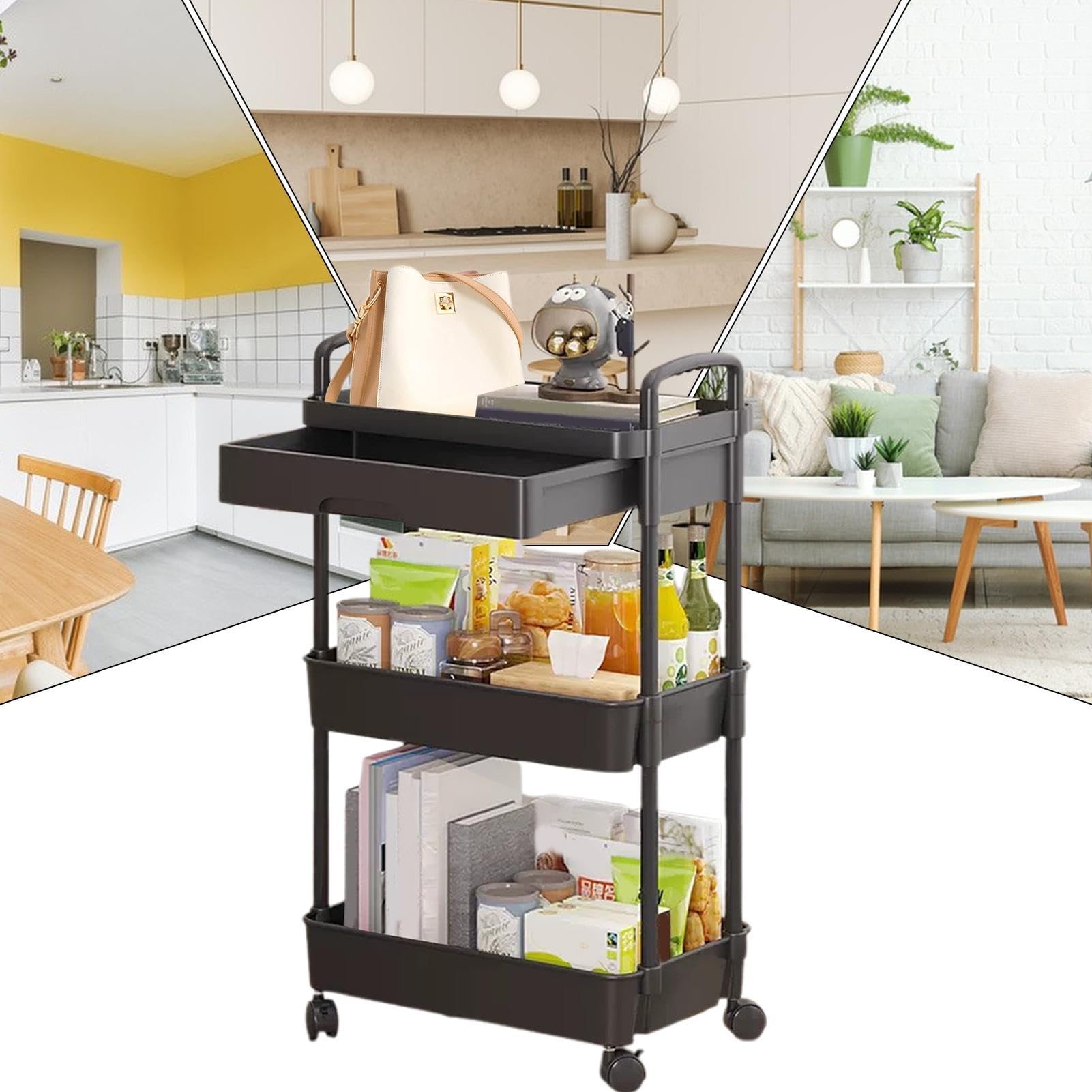 Carrito rodante de 3 niveles con versátil carrito de cocina y sala de estar, multiusos