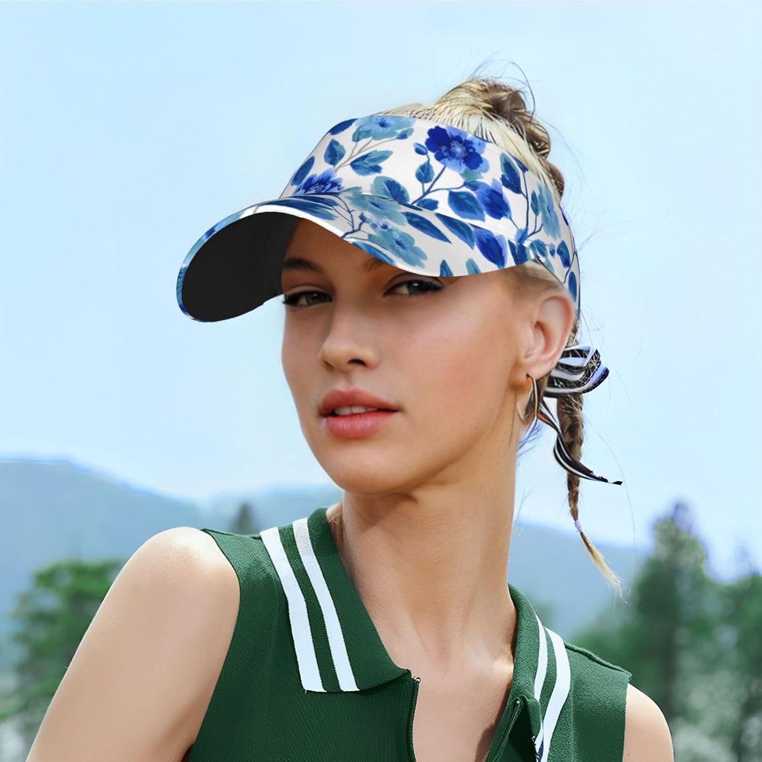 (Blue Flower and Leaf) Adult Sun Visor Hat Adjustable Open Top Sports Cap Breathable for Men Women Beach Vacation Essentials