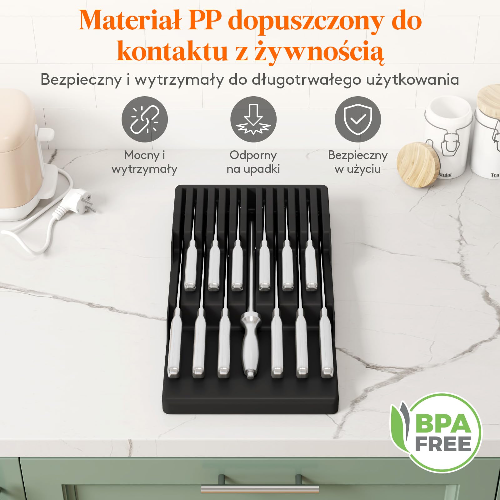 Lifewit Magnetyczna wkładka nożowa, szuflada na 12 noży, czarna | Organizer na noże pusty z tworzywa sztucznego z antypoślizgowym dnem, duża wkładka na noże do szuflady, 42 x 23 x 5 cm