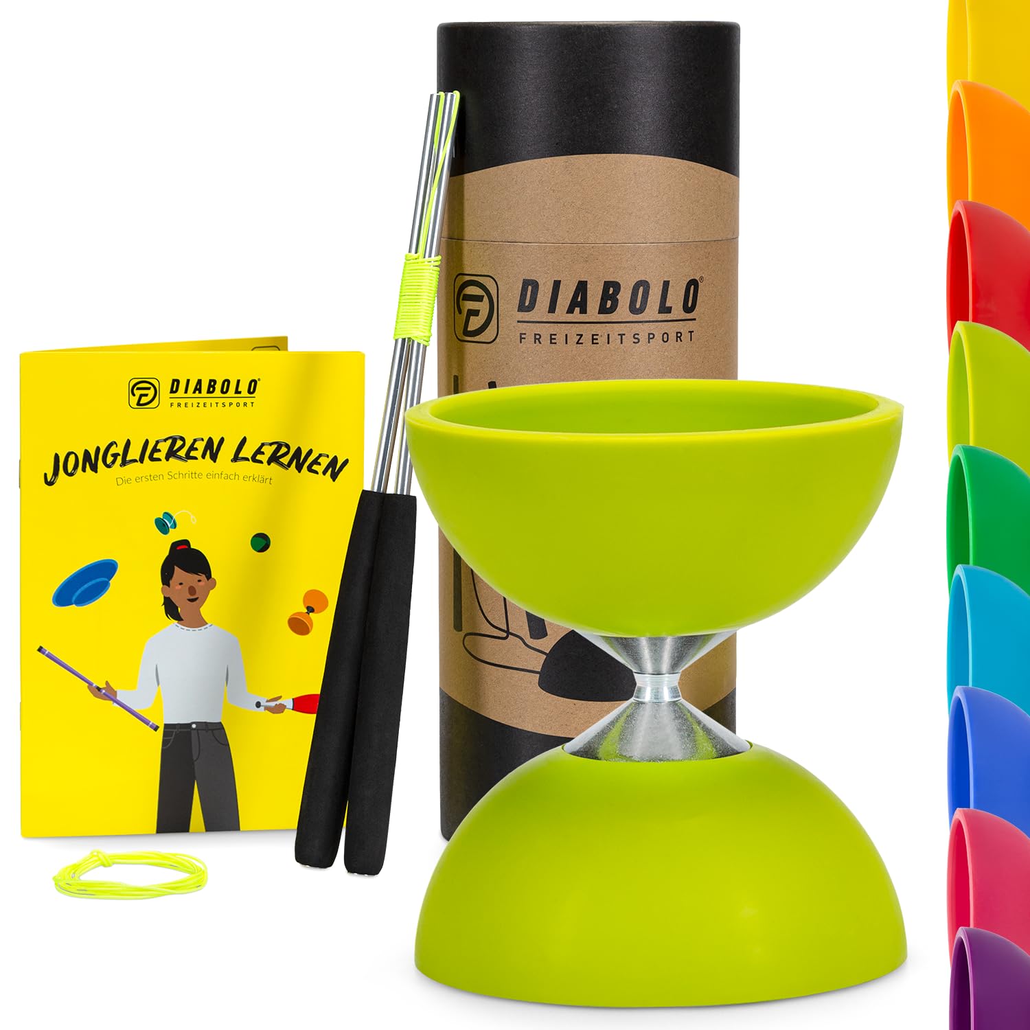Diabolo Freizeitsport Set base di giocoleria con diabolo (verde chiaro), bastoncini in alluminio, corda di ricambio (160 cm) e istruzioni stampate, ideale come regalo per bambini, principianti e