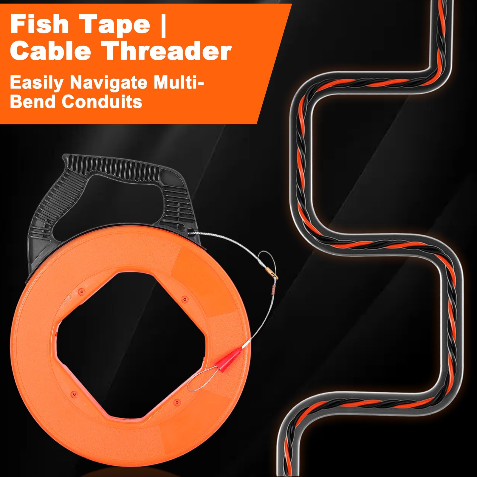 30m Guía Pasacables Electricista Profesional con 6 Adaptadores, Herramientas de Pesca Alambre Flexible para Cableado Eléctrico, Tendido Cables, Tendido Líneas y Tendido Cables Conductos Subterráneos