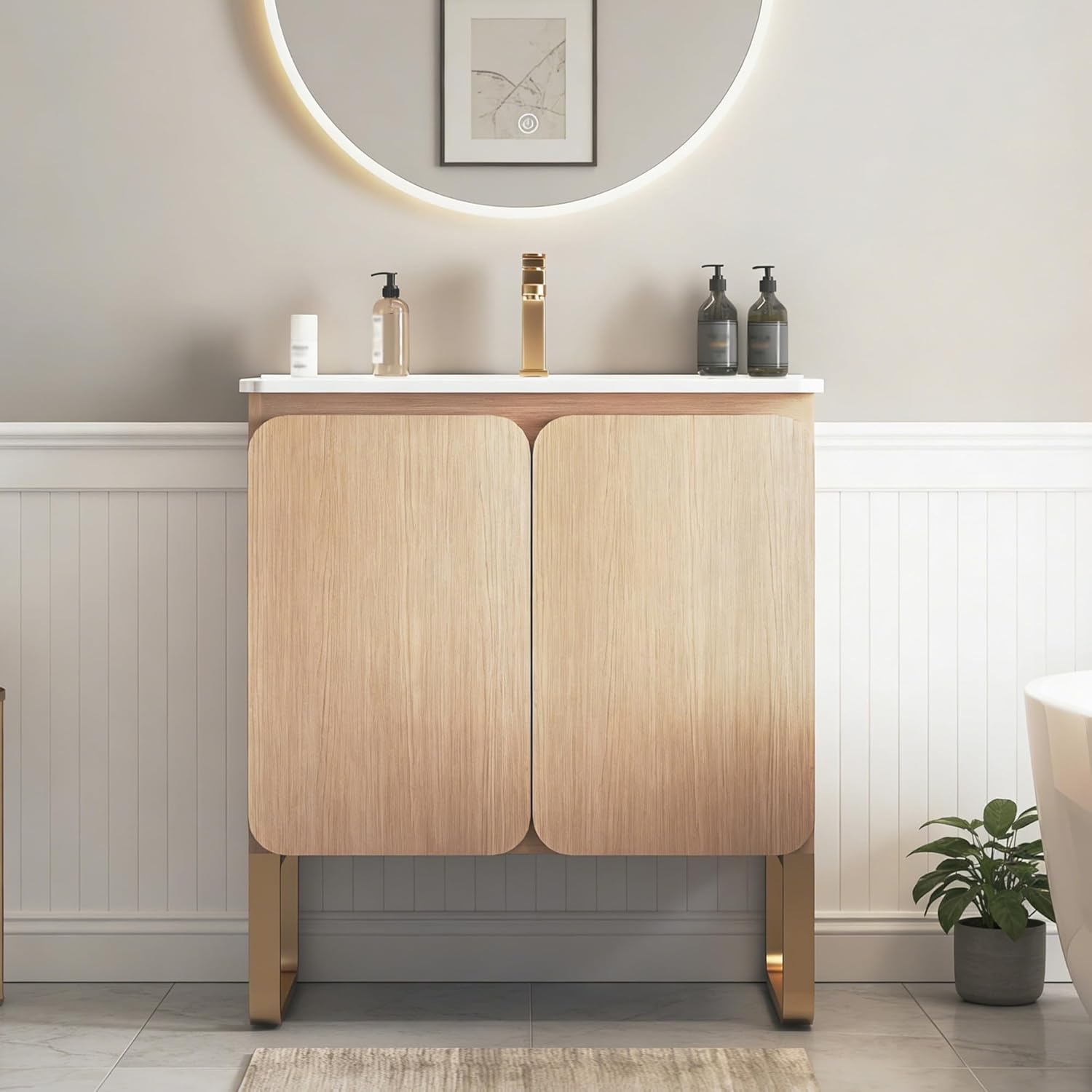 30-Inch Modern Bathroom Vanity with Sink, Light Natural Oak Double-Door Storage Cabinet, Adjustable Shelf, Soft Close, Family-Safe Rounded Design
