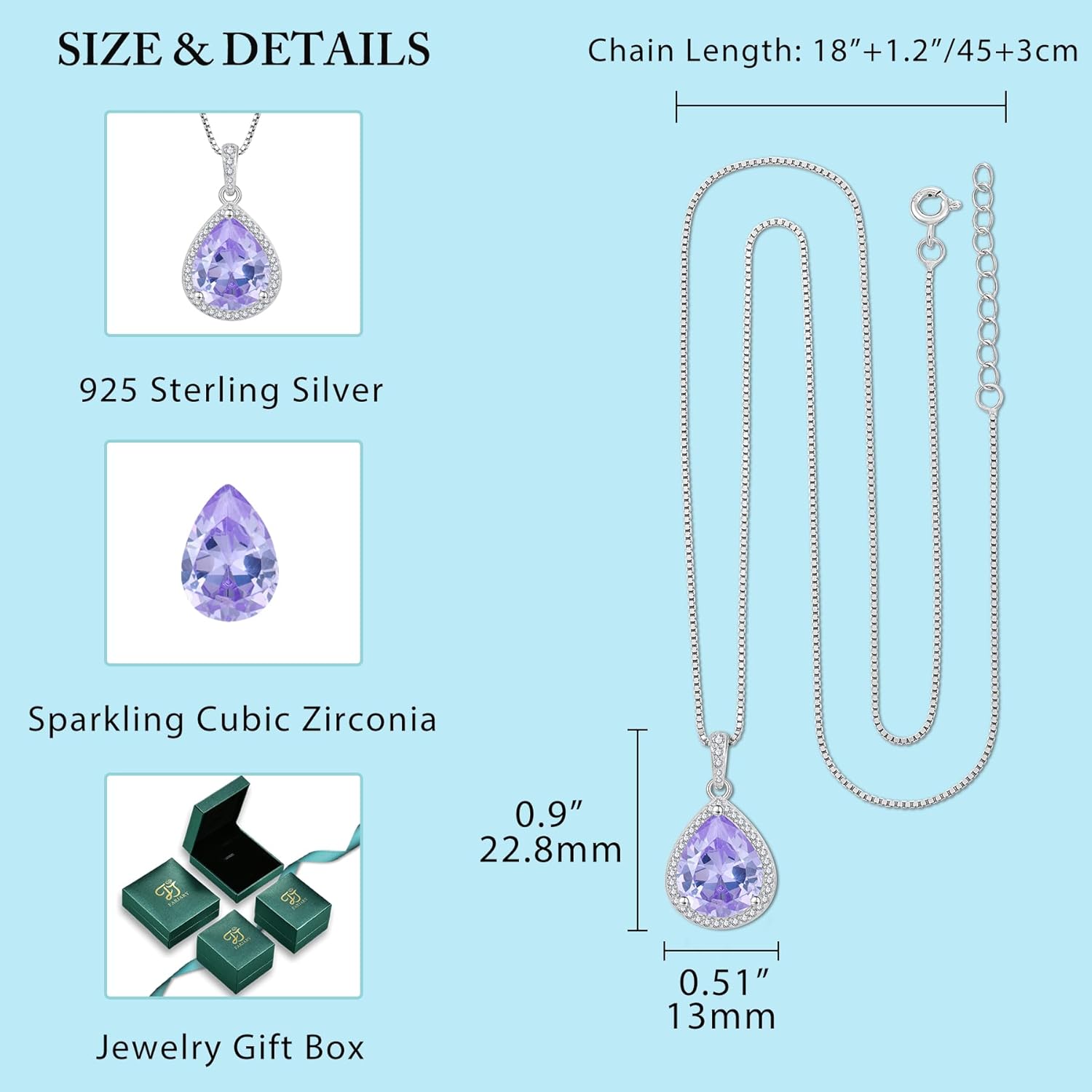 FJ Teardrop Pendant Necklace 925 Sterling Silver Birthstone Jewelry Gifts for Women - Image 5