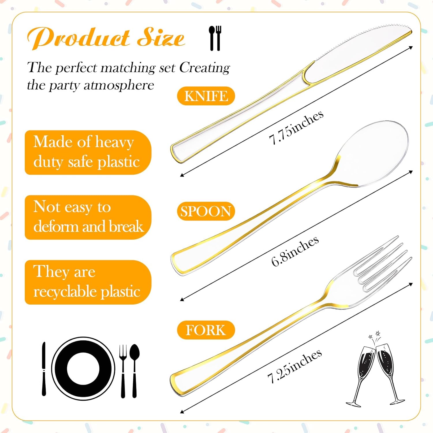 Minatee 150 Pcs Gold Plastic Silverware, Clear Disposable Cutlery Set Heavy Duty Utensil Sets 50 Forks 50 Knives 50 Spoons for Birthday Party Home Office School Picnics Restaurant Outdoor Events