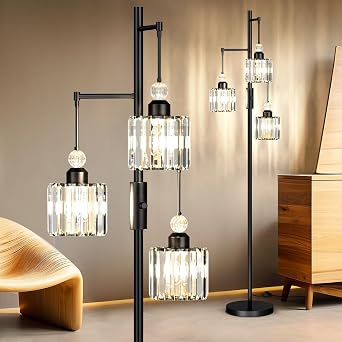 Black Tree Floor Lamp with 3 Crystal Cage Lampshades & Dimmable Bulbs - 70" Vintage Glam Standing Lamp for Living Room Bedroom, Industrial Modern Decor with Crystal Ball Accents Black