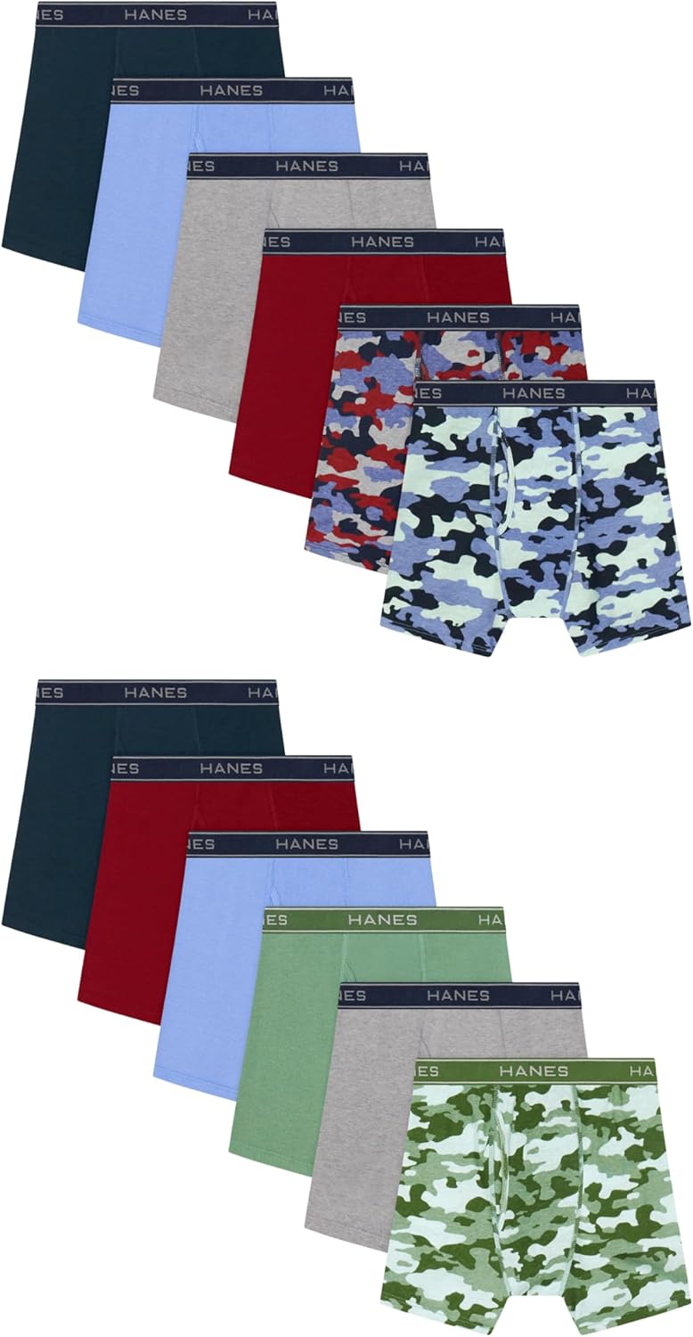 Hanes boys Underwear Boxer Briefs Pack, 12-pack, Soft Stretch Underwear for Boys, Wicking Boxer Briefs, Prints
