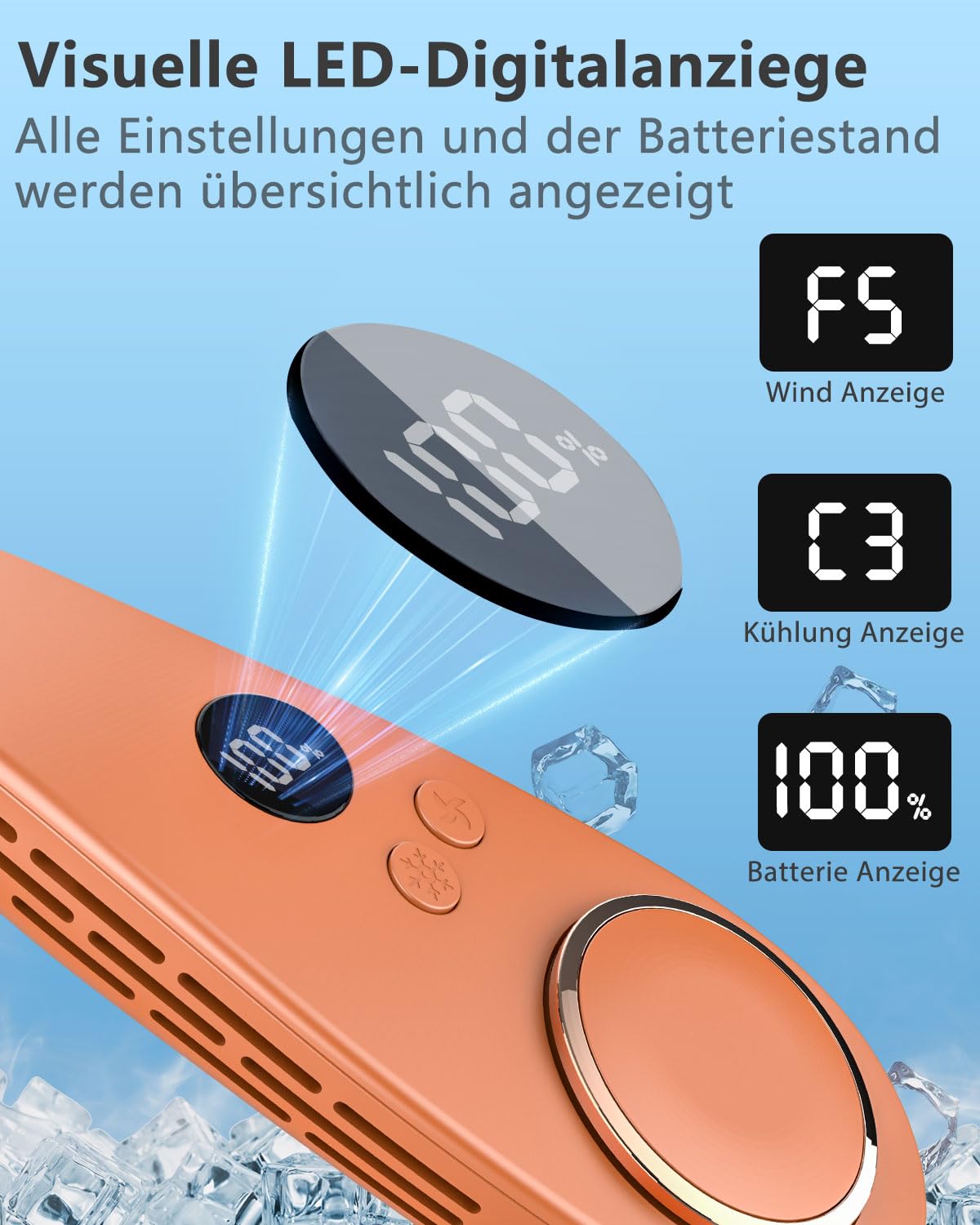 Kouric Hals Ventilator mit Kühlung,5500mAh Tragbarer Ventilator zum Umhängen,Air Conditioner Portable Fan Orange