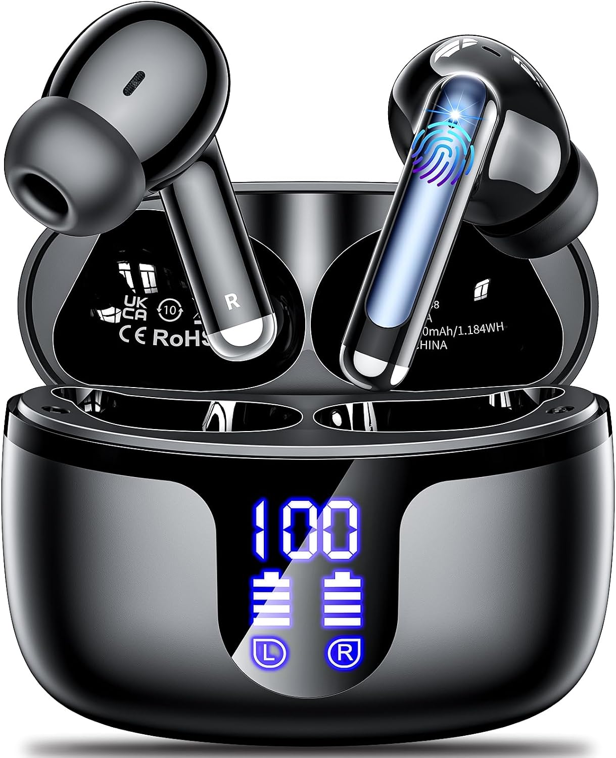 S48 wireless earbuds bluetooth 5.4 Headphones for running/fitness/office use.42h Duration Playback Equipped with 4 noise cancelling microphones, IPX7 waterproof and LED battery display screen Black
