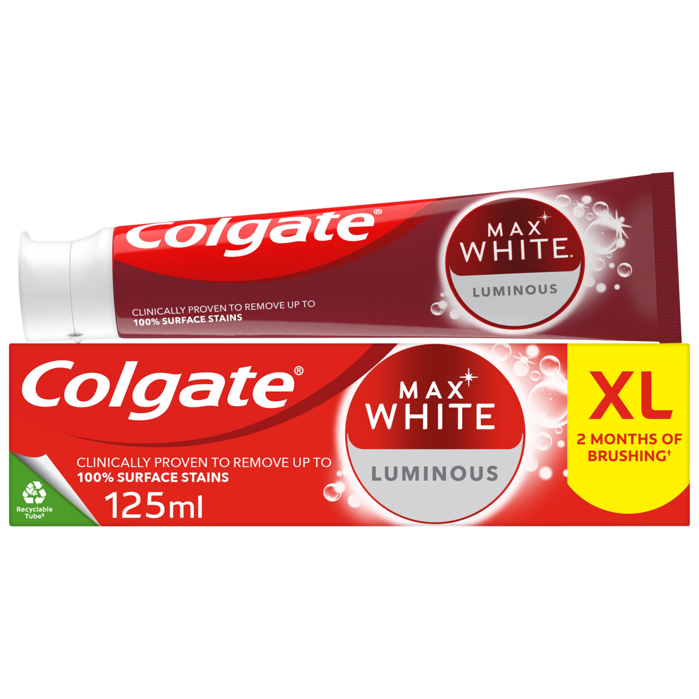 ColgateMax White Luminous Toothpaste 125ml, Teeth Whitening Toothpaste with Clinically Proven Formula That Removes Up to 100% of Surface Stains