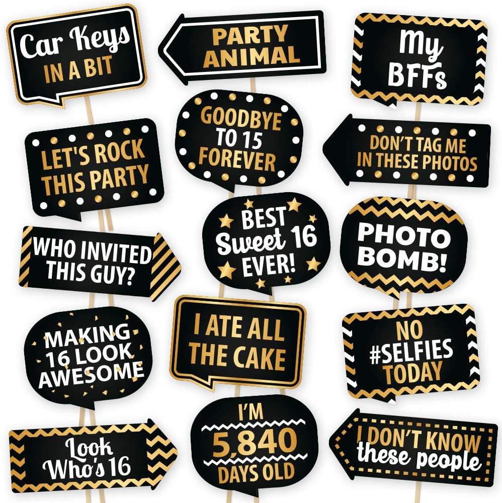 Sweet 16 Photo Booth Props By PartyGraphix - European Made 16th Birthday Party Supplies - Sweet 16 Party Decorations - Easy To Assemble Selfie Props Birthday Kit Includes 15 Pieces