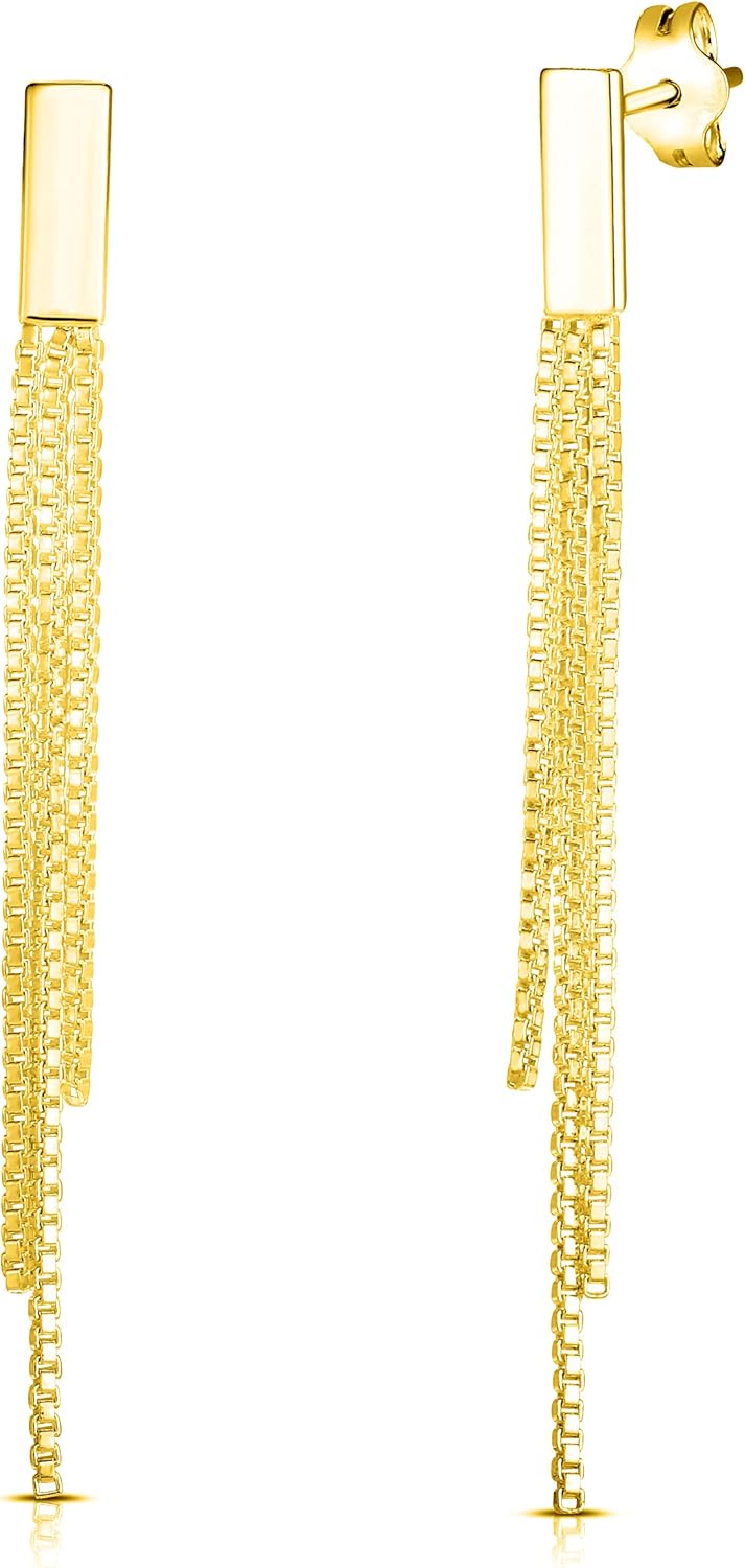 Savlano 925 Sterling Silver Tassel Box Chain Drop Earrings-18K Gold Plated 3-Strand Linear Drop Stud Earrings for Women Comes with Gift Box-Made in Italy