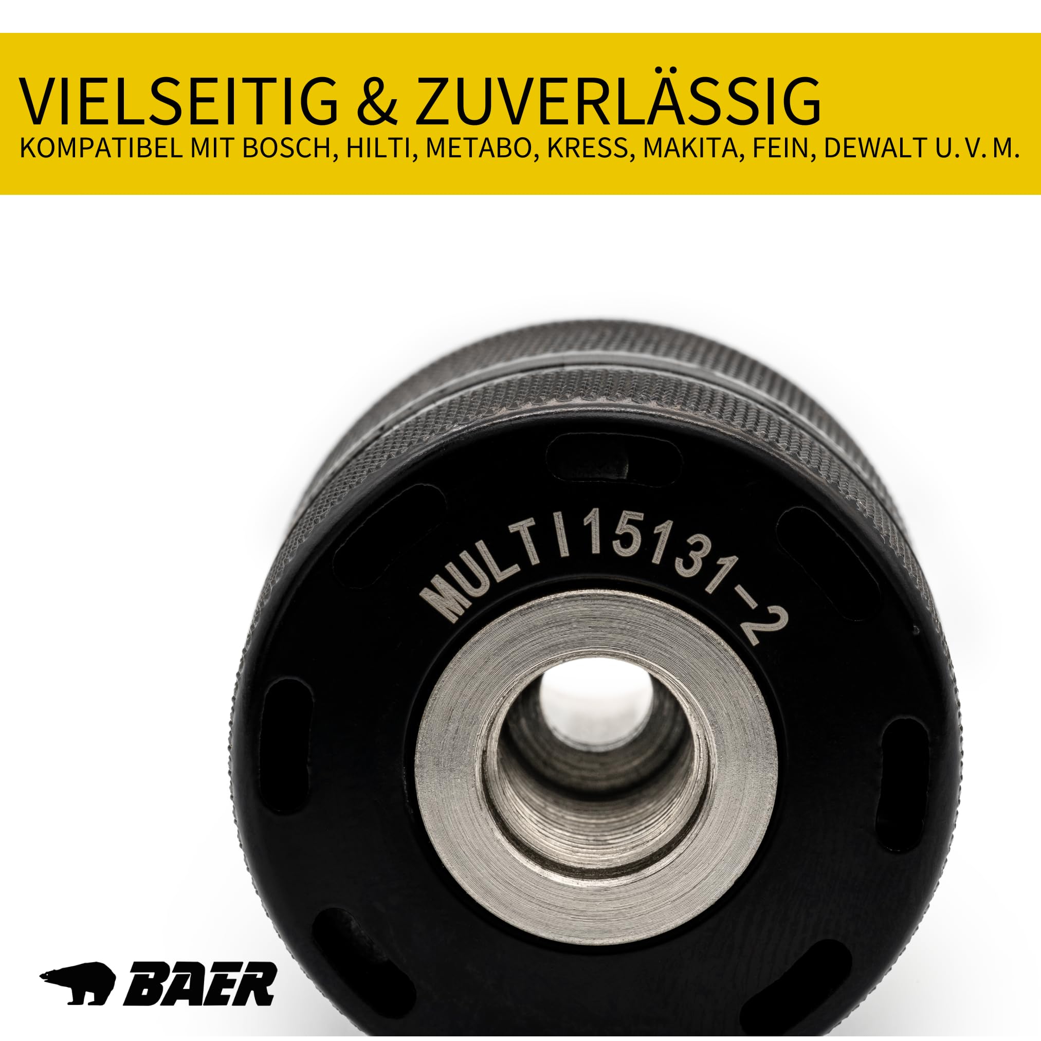 BAER Schnellspannbohrfutter 1,5–13 mm | 1/2-20 UNF | Schlüsselloses Ganzmetall Bohrfutter für Handbohrmaschine, Akku-Bohrmaschine & Bohrhammer | Selbstspannendes Präzisions-Spannfutter BaerCoil