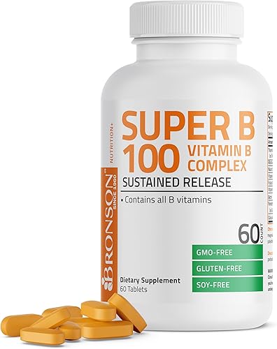 Bronson Vitamina B 100 Complejo de liberación sostenida de alta potencia (vitamina B1, B2, B3, B6, B9 - ácido fólico, B12), 60 tabletas