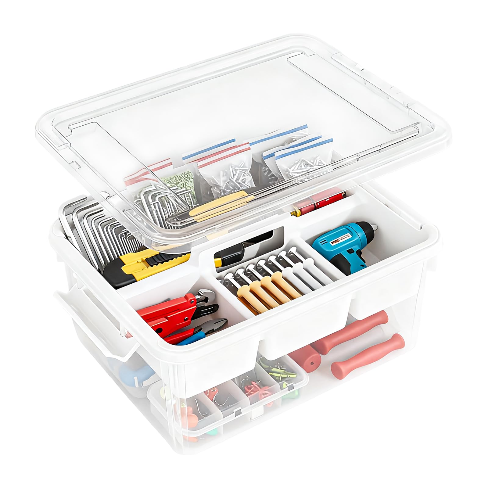 16L Estuche Plastico, Caja Medicamentos Organizador, Caja de Almacenamiento Multiusos, Portátil 2 Capas con Compartimento Extraíble, Organizador Gran Capacidad para Herramientas
