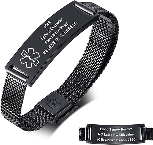Pulseras personalizadas de alerta médica para hombres, mujeres y niños, grabado gratuito, malla de acero inoxidable ajustable, pulsera de