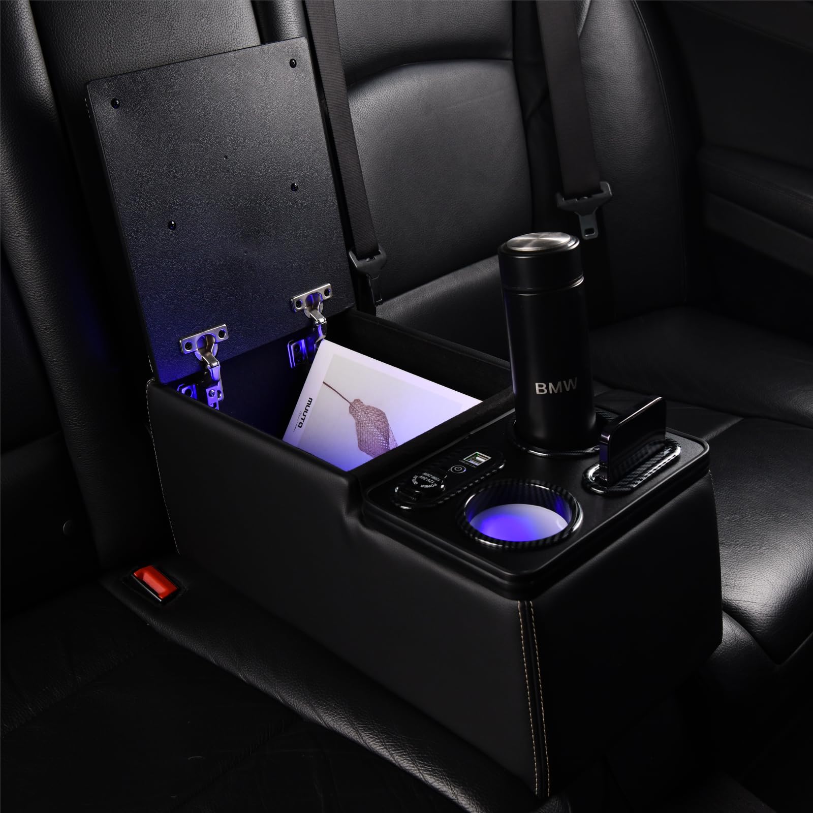 Coverado Console del centro auto in Pelle, Universale Braccioli Centrale Auto, Console sedile posteriore con supporto della tazza + supporto telefono per auto (Aggiornamento, Nero)