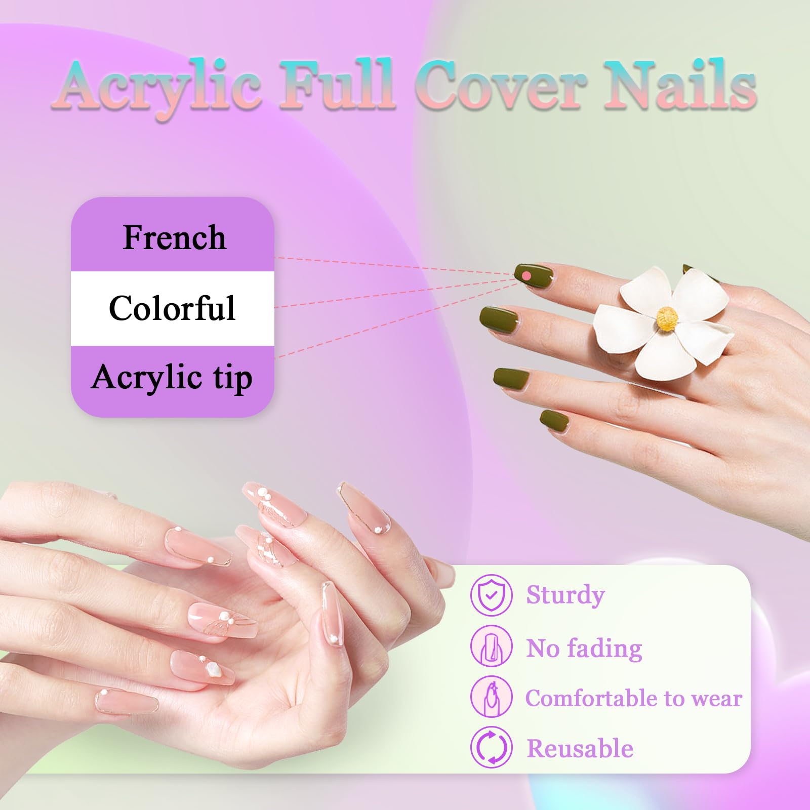 Ceboic 24Pcs Short Square False Nails, Nude Pink Gradient French Tip Press on Nails - Image 3