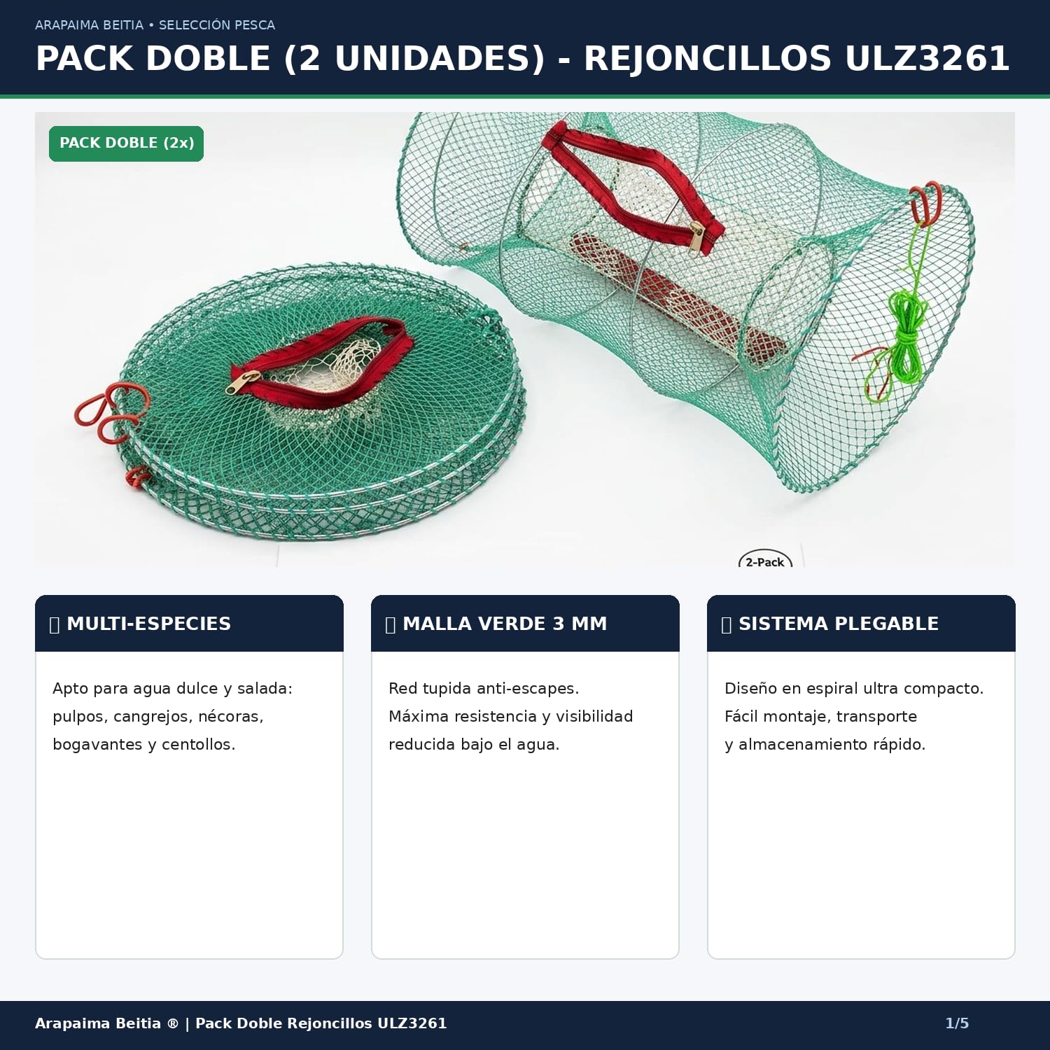 Lot de 2 rondelles Nasas EVIA crabes et pieuvres | Eau douce et salée | Diamètre 60 x 32 cm Maille verte 3 mm Pêche aux crustacés | Pack de 2 unités | Télescope pliable