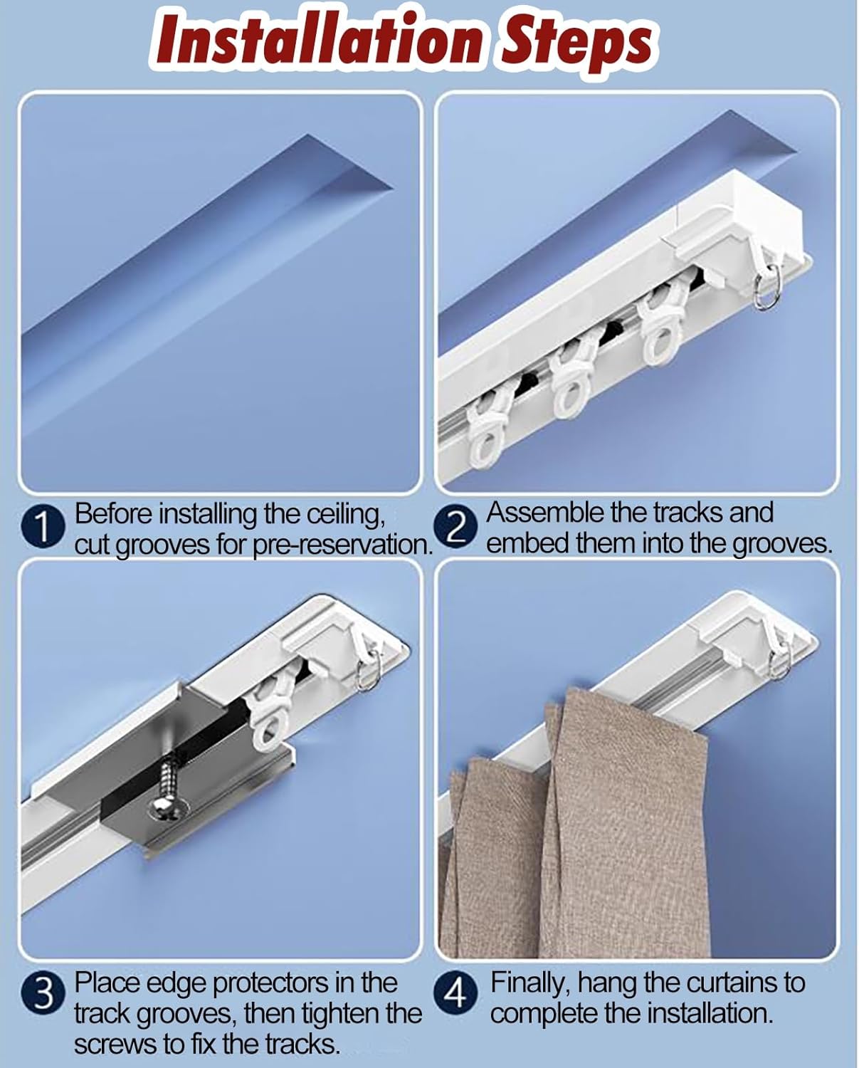 Ultra-Thin White Recessed Ceiling Mount Track Set, 44ft Cuttable Metal Sliding Room Divider Rail, Pre-Built System for Seamless Indoor Space Management