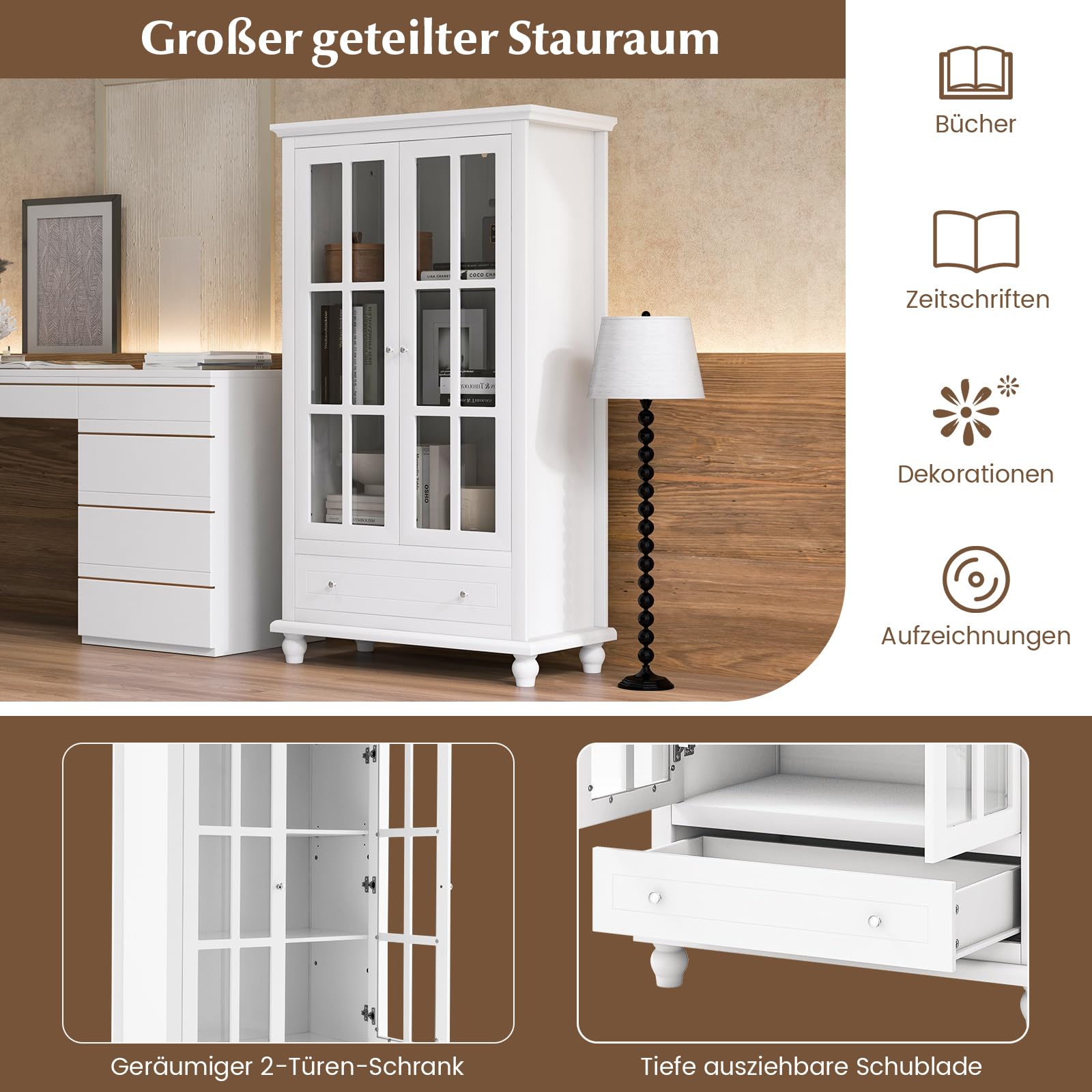 COSTWAY Bücherschrank, Vitrinenschrank mit Türen aus gehärtetem Glas, verstellbarem Regal & Schublade, Büroschrank, Aktenschrank für Heimbüro und Wohnzimmer, 80 x 40 x 139 cm, Weiß