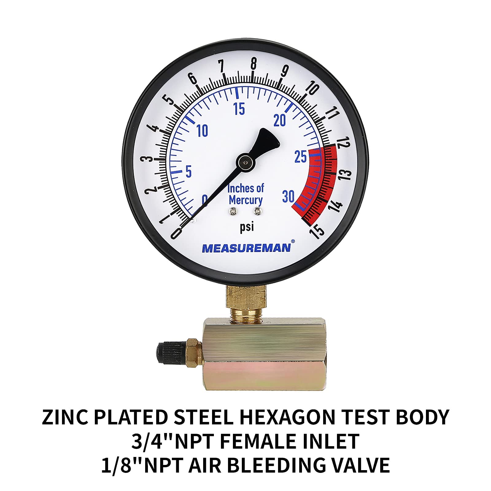 MEASUREMAN Conjunto de medidor de presión de gas de acero de 4 pulgadas, conexión FNPT de 3/4 pulgadas, 0-15 psi/0-30 pulgadas H2O, precisión del 1.6%,