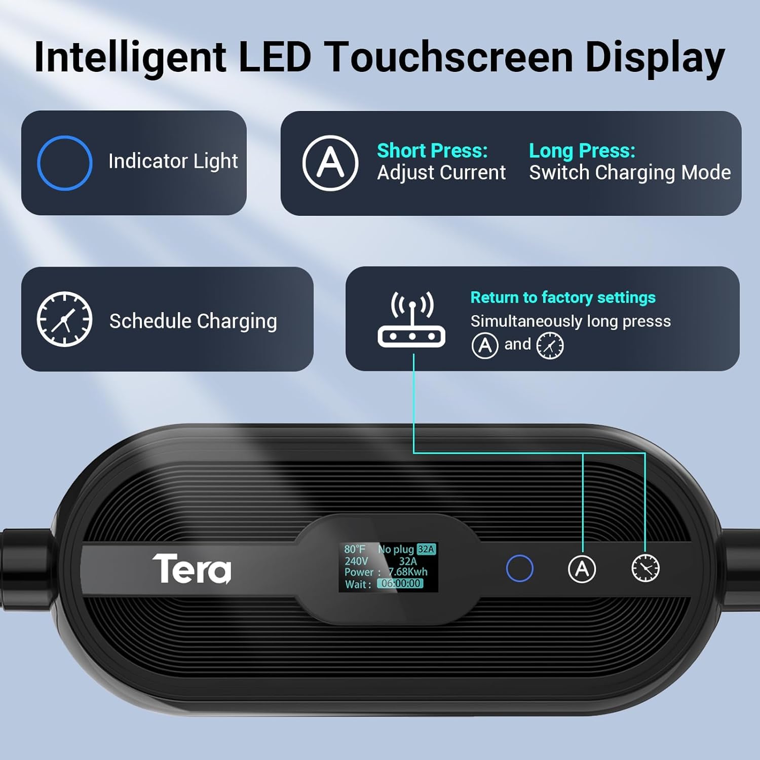 Tera EV Charger Level 2 J1772: 32A 16A 240V ETL Certified Dual Use Portable & Wall Connector NEMA 14-50 Wi-Fi & BT Enabled 25FT Cable with Holder P01