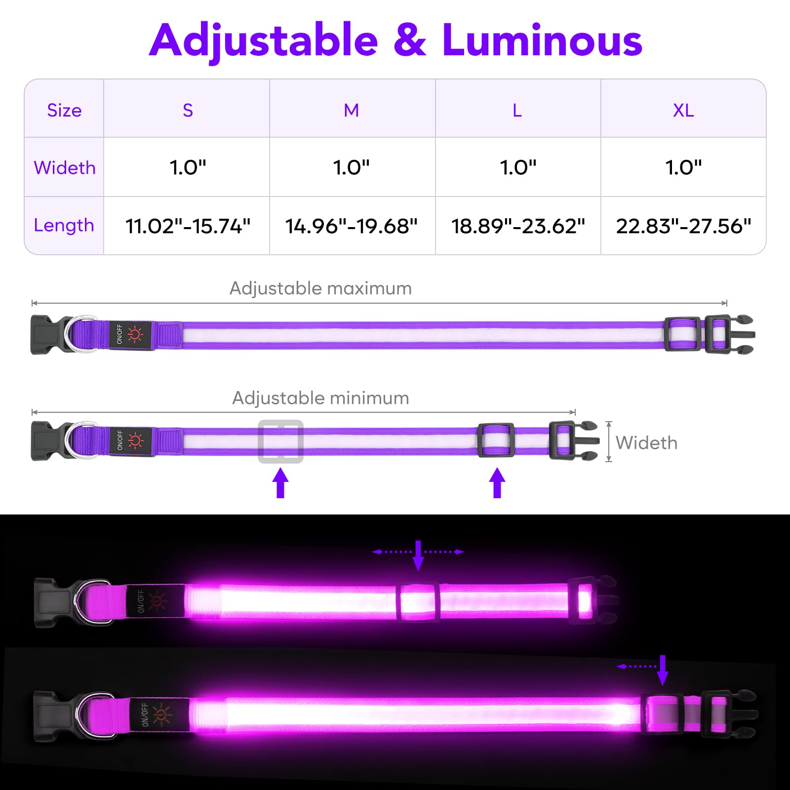 VIZPET Collare per cani a LED, regolabile, ricaricabile tramite USB, super luminoso, di sicurezza, per cani (viola, M [38-50 cm)