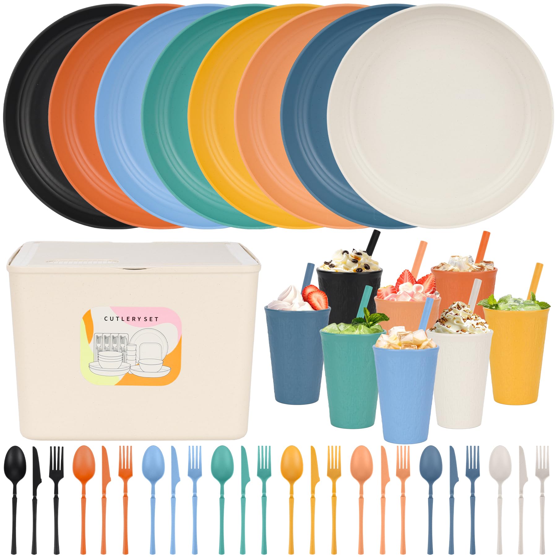 Unzerbrechliches Geschirrset für 8 Personen, Kunststoffteller und -schüsseln, wiederverwendbares Geschirrset, mikrowellen- und spülmaschinenfest, Camping-Party-Set