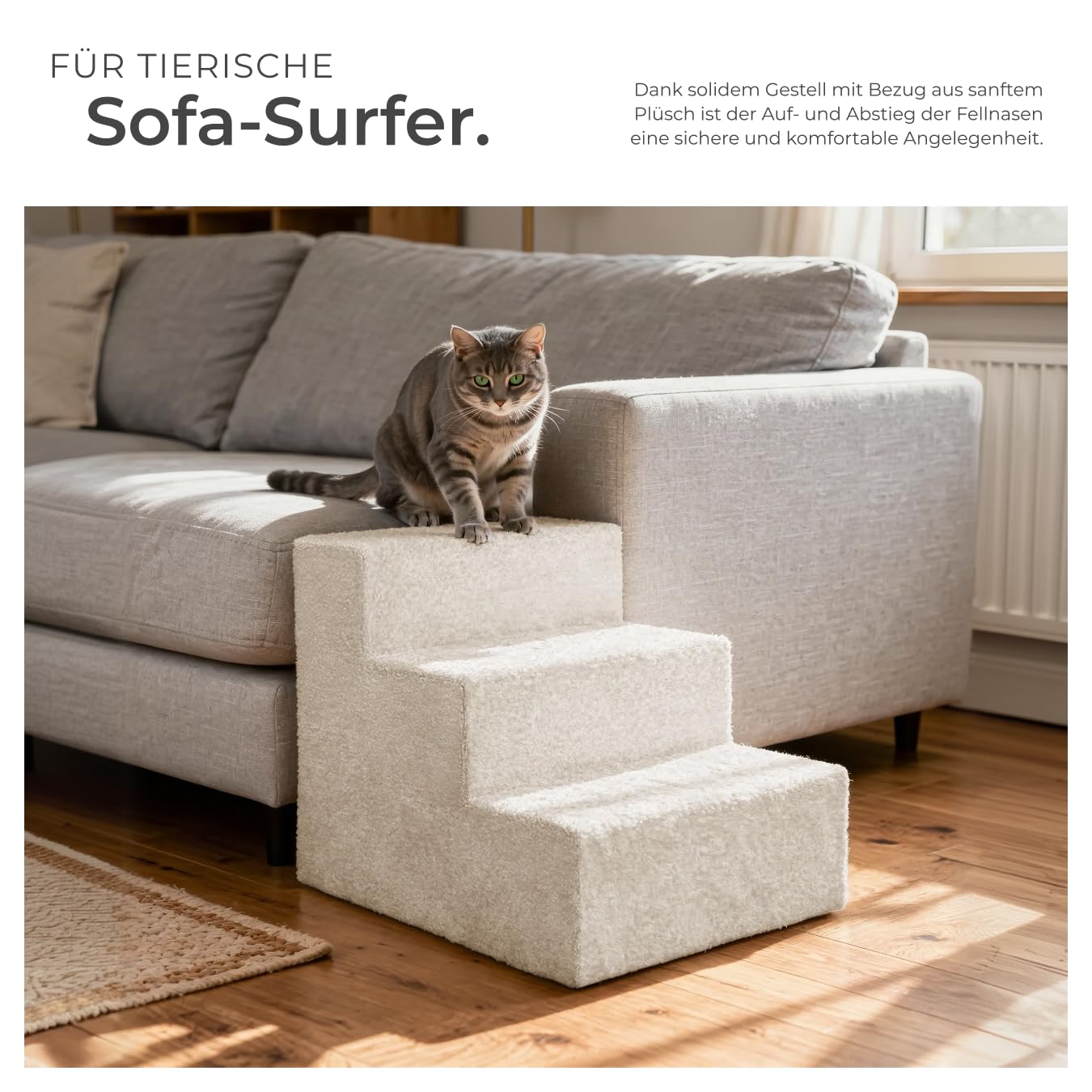 tectake® Hundetreppe oder Katzentreppe, Haustiertreppe, Einstiegshilfe mit waschbarem Bezug, extra Flache Treppenstufen, Tiertreppe für Sofa, Bett oder Auto (Sand, 37 x 45 x 34,5 cm, 3)