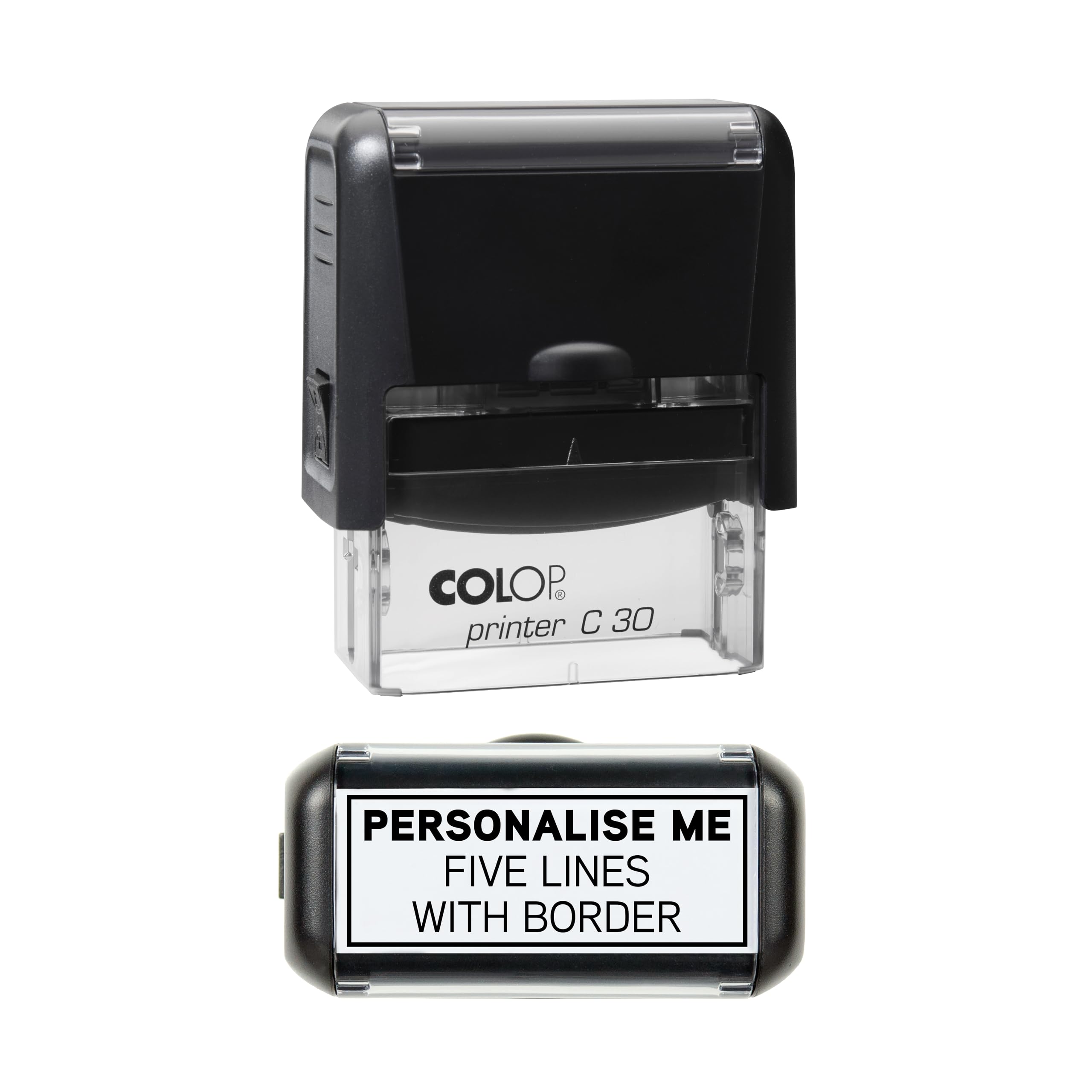 Personalised Custom Made Self-Inking Business Company Address Rubber Ink Stamp - 48mm x 18mm - with Solid Border (Five Lines of Text)