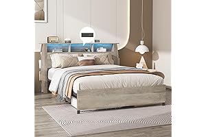 FAMeill Full Size Grey Wood Bed Frame with Storage Headboard