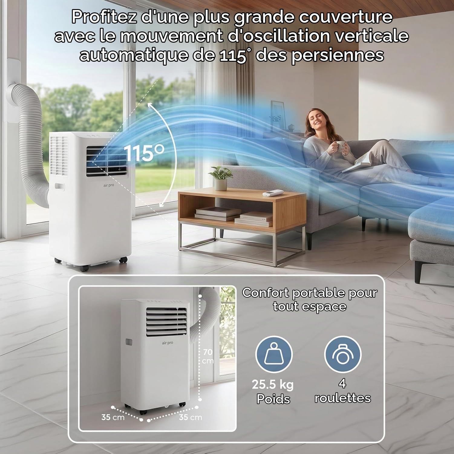 Climatiseur Mobile 12000 BTU 4-en-1 avec Wifi et Télécommande, Minuterie 24H, Kit d'Évacuation pour Fenêtre, Puissant Conditionneur d'Air pour Maison Bureau 30m, White, 12000 BTU
