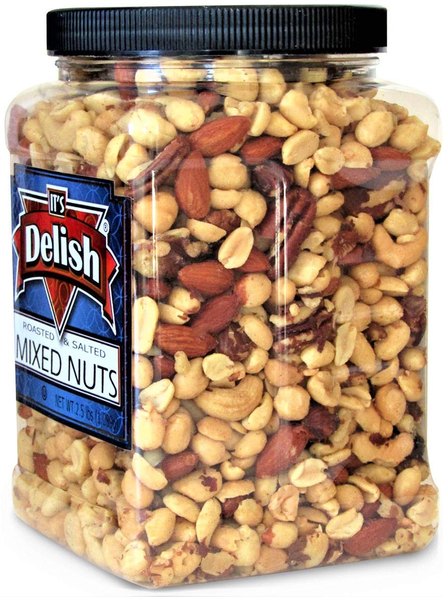 Roasted and Salted Mixed Nuts with Peanuts by Its Delish, 2.5 LBS Jumbo Reusable Container - with Sea Salt, Bulk Style, Fresh, Kosher, Crunchy & Delicious