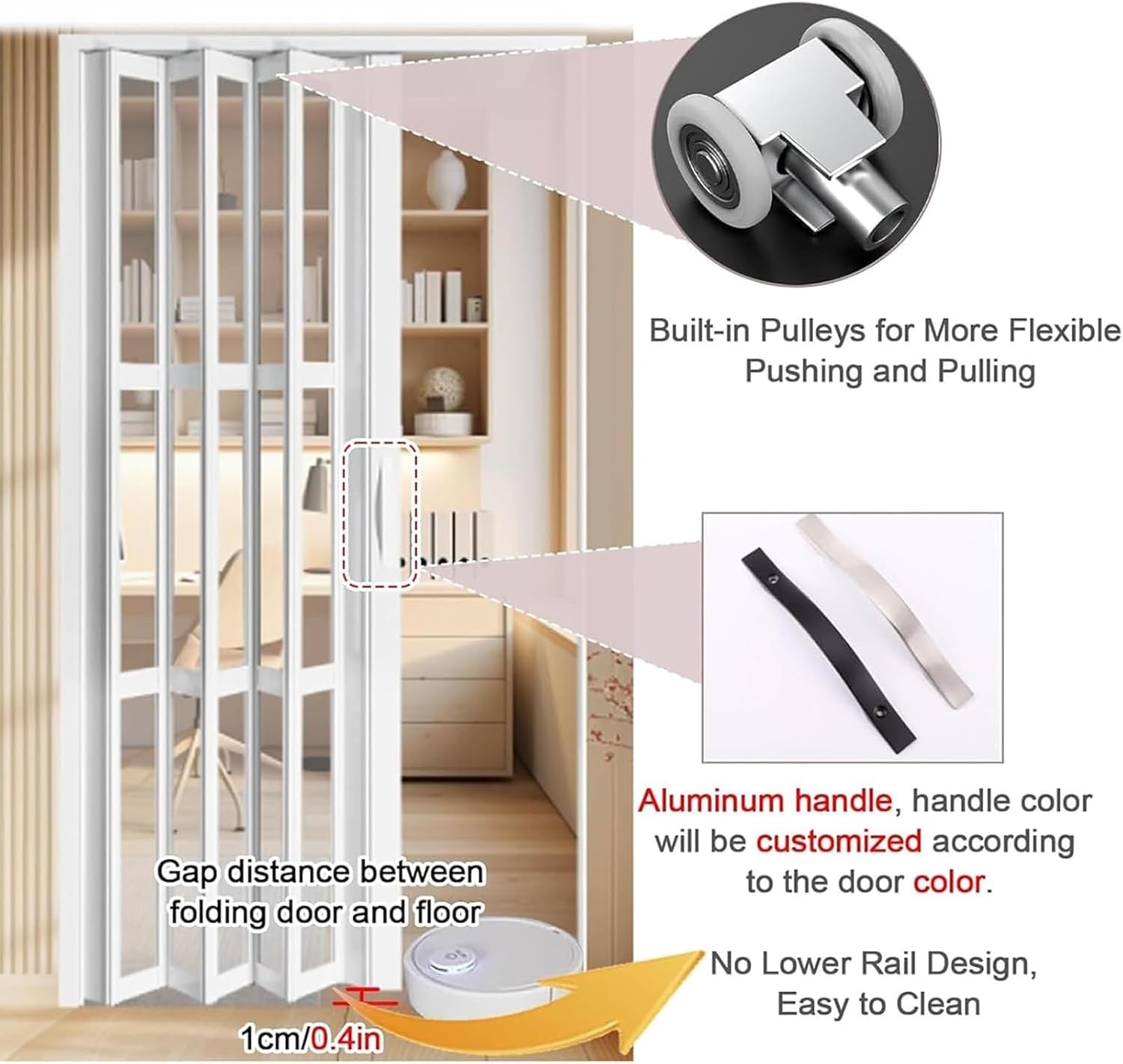 White Accordion Door - Retractable Multifold Interior Closet Door, 24-80" Wide, Folding Room Divider for Bedroom/Kitchen, Includes Handle, 34x80 Size