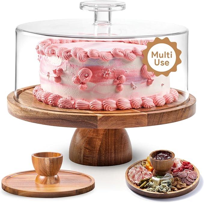 Acacia Wood Cake Stand with Lid - 12in Round Cake Holder, 2-in-1 Dessert Table Display Set & Charcuterie Board for Cheese, Chips & Dips, Nachos, Fruit Platter, Large Acrylic Cake Dome Cover