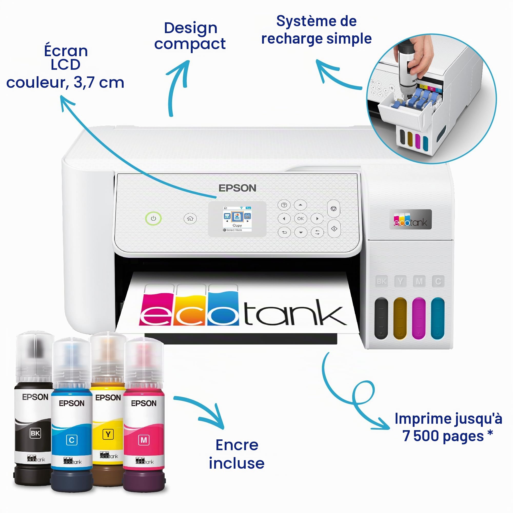 EcoTank ET-2876 Imprimante Multifonction A4 à réservoir d'encre Wi-FI avec Un Stock d'encre jusqu'à 3 Ans