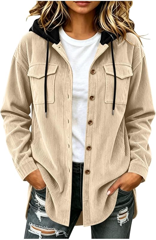 Hooded Shacket For Women Corduroy Button Down Casual Jacket