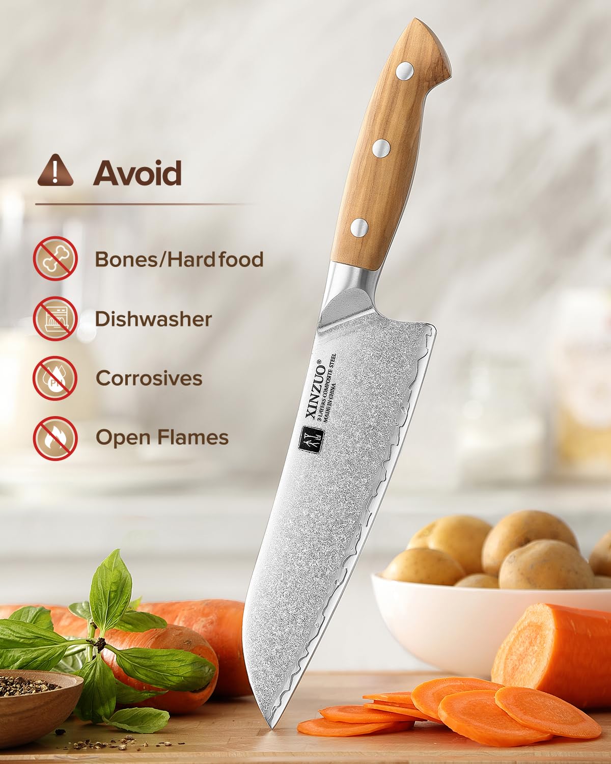 XINZUO 18,5cm Cuchillo Santoku Profesional Acero Compuesto Cuchillo de Cocinero de Cocina Acero Inoxidable de Alto Carbono -para Carne, Verduras, Pescado y Fruta -Mango Ergonómico de Madera de Olivo