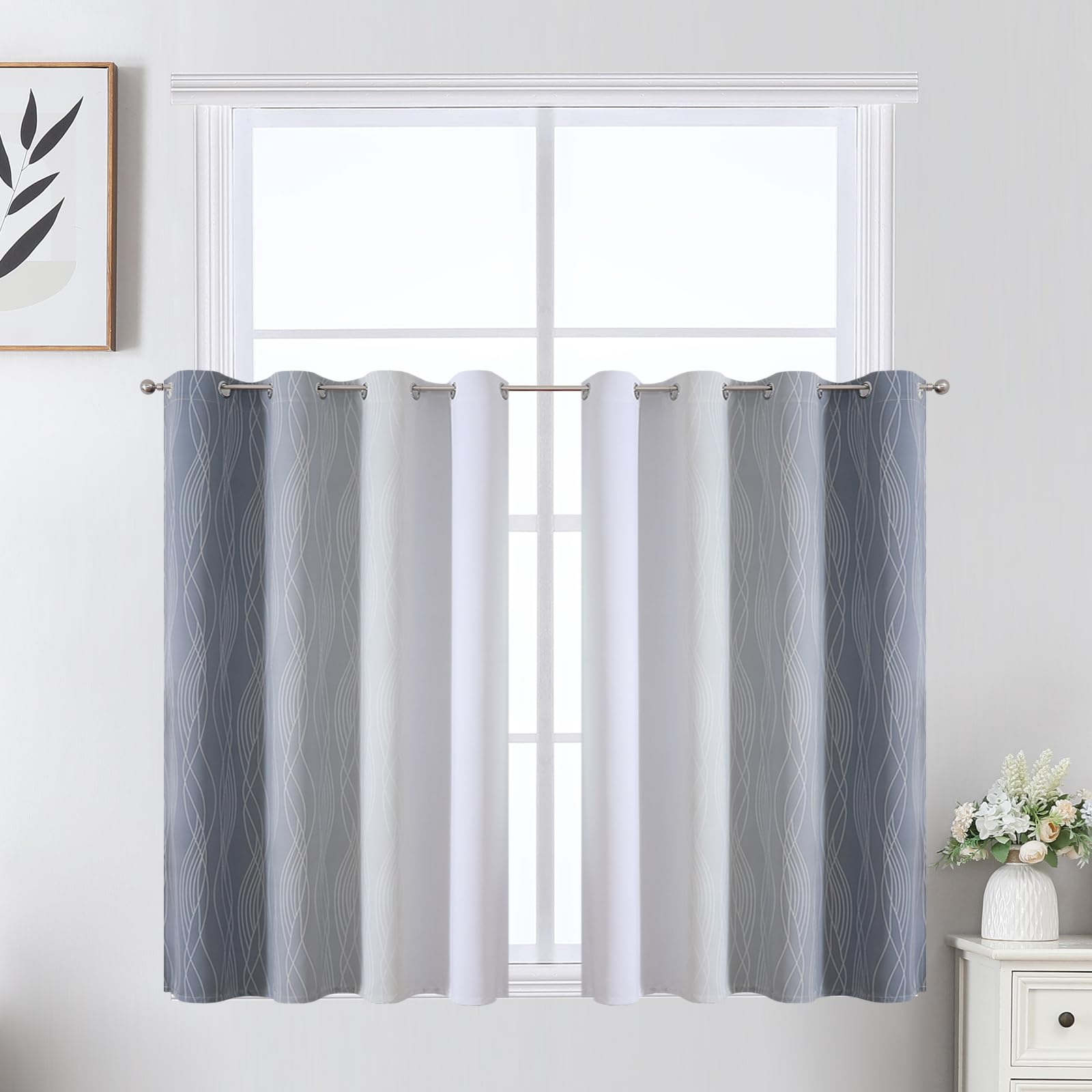 Estelar Textiler Grey and Greyish White Ombre Short Blackout Curtains 36 Inch Long, Thermal Insulated Grommet Small Half Window Drapes for Cafe/Basement/RV Camper/Kitchen, 52Wx36L, 2 Panels, Gray
