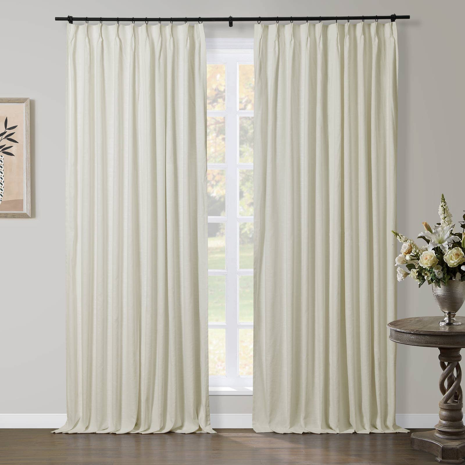 Heavyweight naturalne lniane bawełniane plisowane zasłony na drążek poprzeczny, 304 cm szer. x 240 cm dł., filtrowanie światła, idealne do drzwi sypialni i patio, elegancka dekoracja okienna, 1 panel