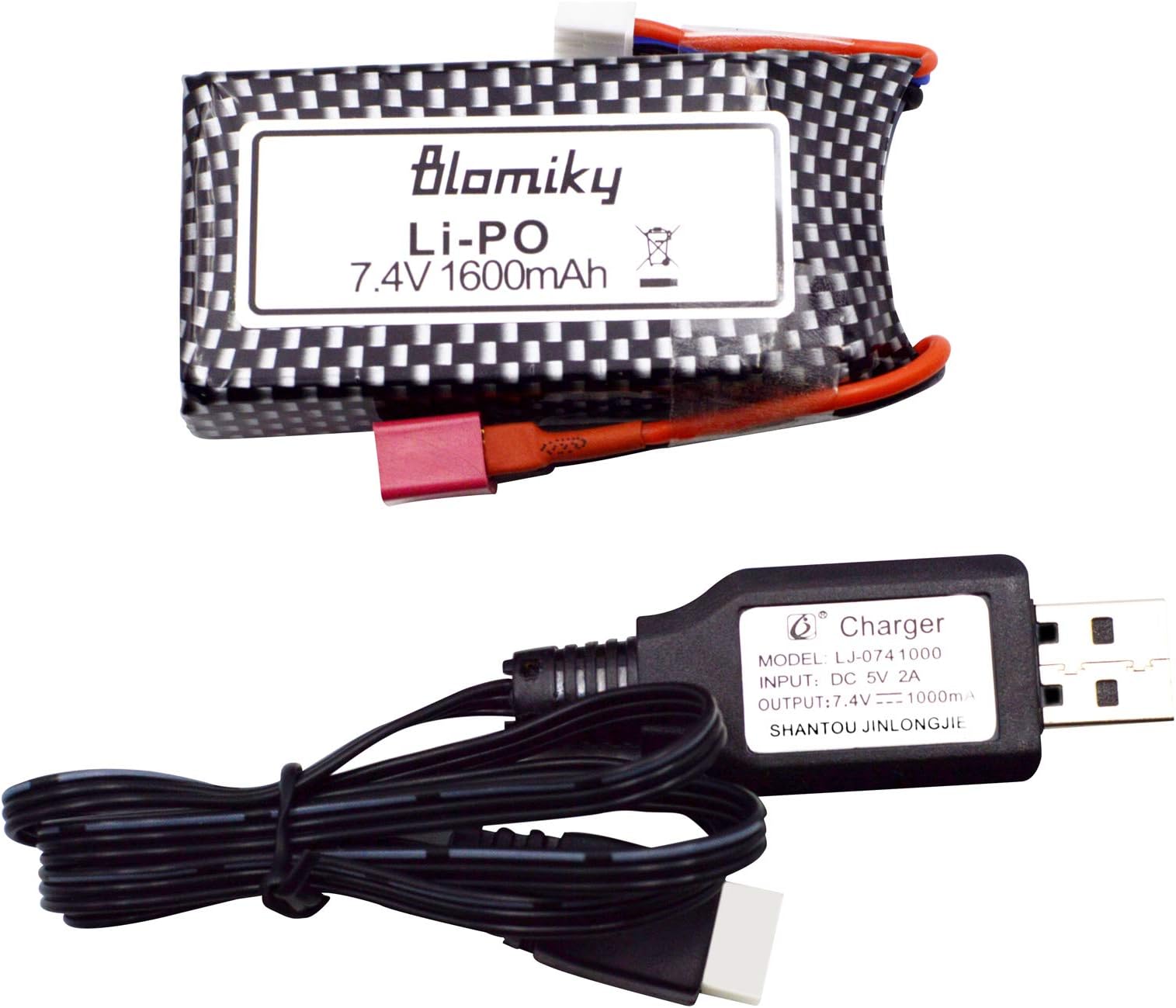 Blomiky 1 Pack 11.84Wh 7.4V 1600mAh T Connector Plug Li-Po Battery and USB Cable Suitable for 9125 1/10 Scale 4X4 48KMH 4X4 Fast RC Truck Cars 25-DJ02 / 9125 Battery 1
